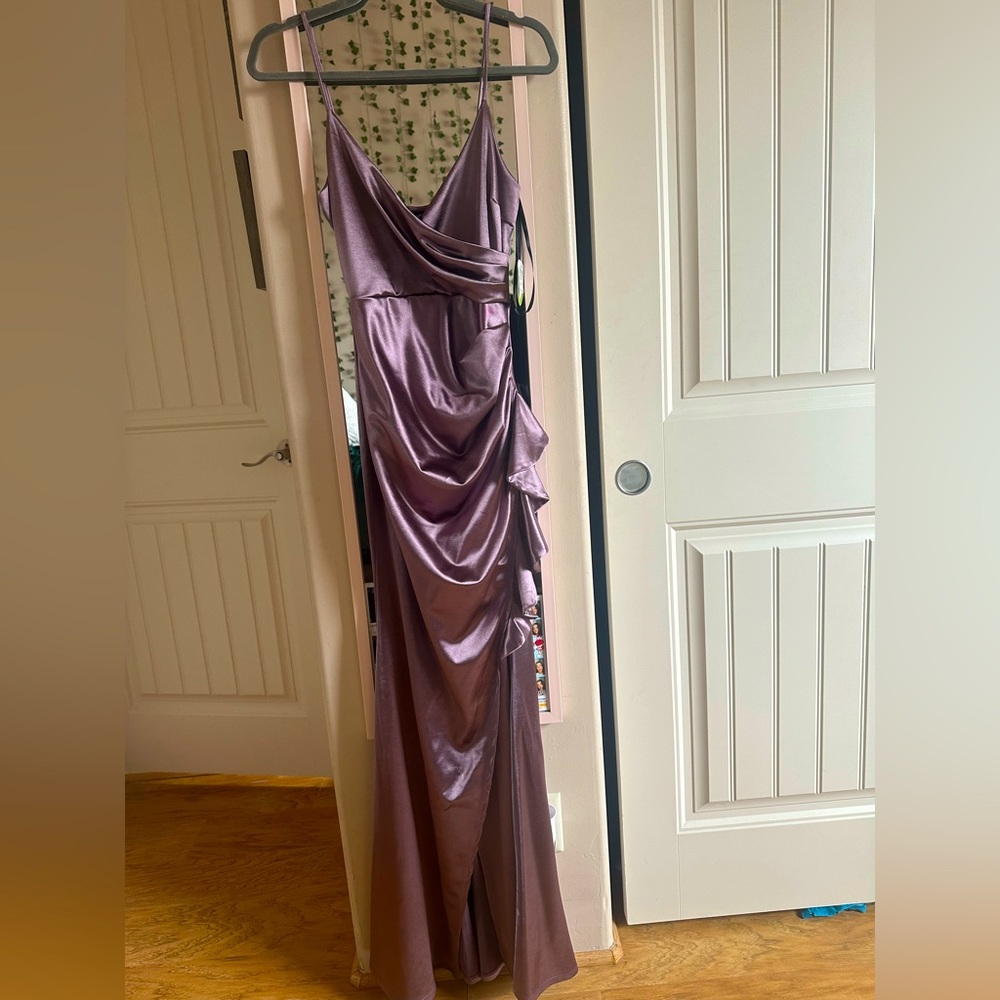 Silk lavender prom dress with slit and ruffles